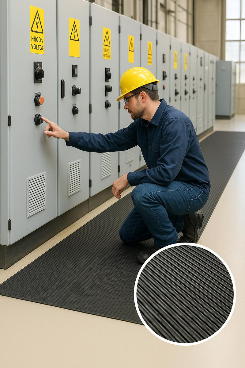 Standard Electrical Switchboard Matting - Fine Ribbed Rubber, 11,000V Tested, Anti-Slip Surface Cloth Impression Low Maintenance BS921 Certified