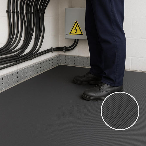 Fine Ribbed Rubber Electrical Matting - ASTM D178 Type 1 Class 2, 30kV Tested, Anti-Slip, 17,500V Safety, Low Maintenance, Sold Per Linear Metre