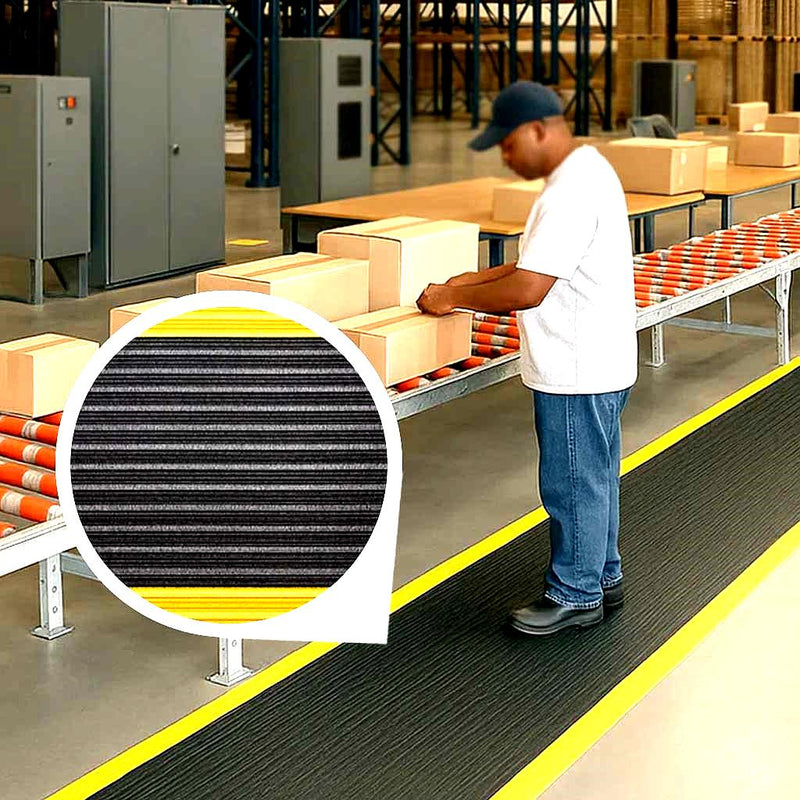 Anti-Fatigue Noise Reducing Mat – Durable PVC Foam, Non-Slip, Cushioned Support for Workstations, Garages with Yellow Safety Borders