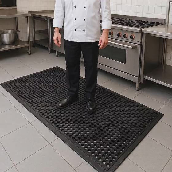 Anti-Fatigue Non-Slip Rubber Mats 13mm - Heavy Duty with Drainage Holes, Bevelled Edges, Reduces Foot & Back Pain, EN13552 R10, Oil Resistant
