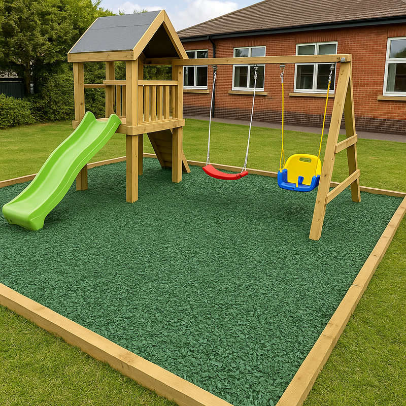 Premium Moss Green Rubber Chippings – Eco-Friendly Mulch for Playgrounds, Gardens & Landscaping | Durable, Soft-Fall Surface