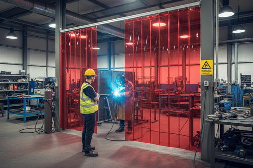 Red Transparent QuickMount Curtains | Welding Safety & High-Visibility PVC