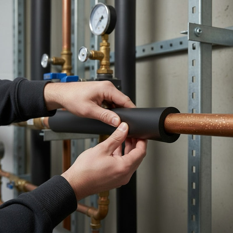 self-seal lagging product image, black foam tube with yellow branding, ideal for thermal insulation.