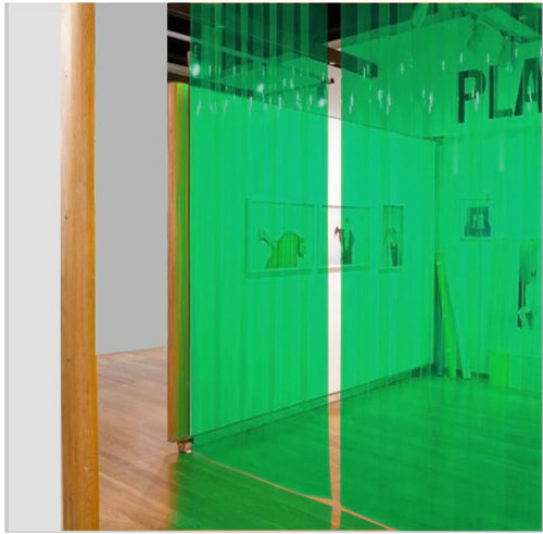 Transparent Green Exhibition & Event Strip Curtains Hook-On Kit for Galleries & Spaces Includes Stainless Steel Rails & Prepped PVC Strips